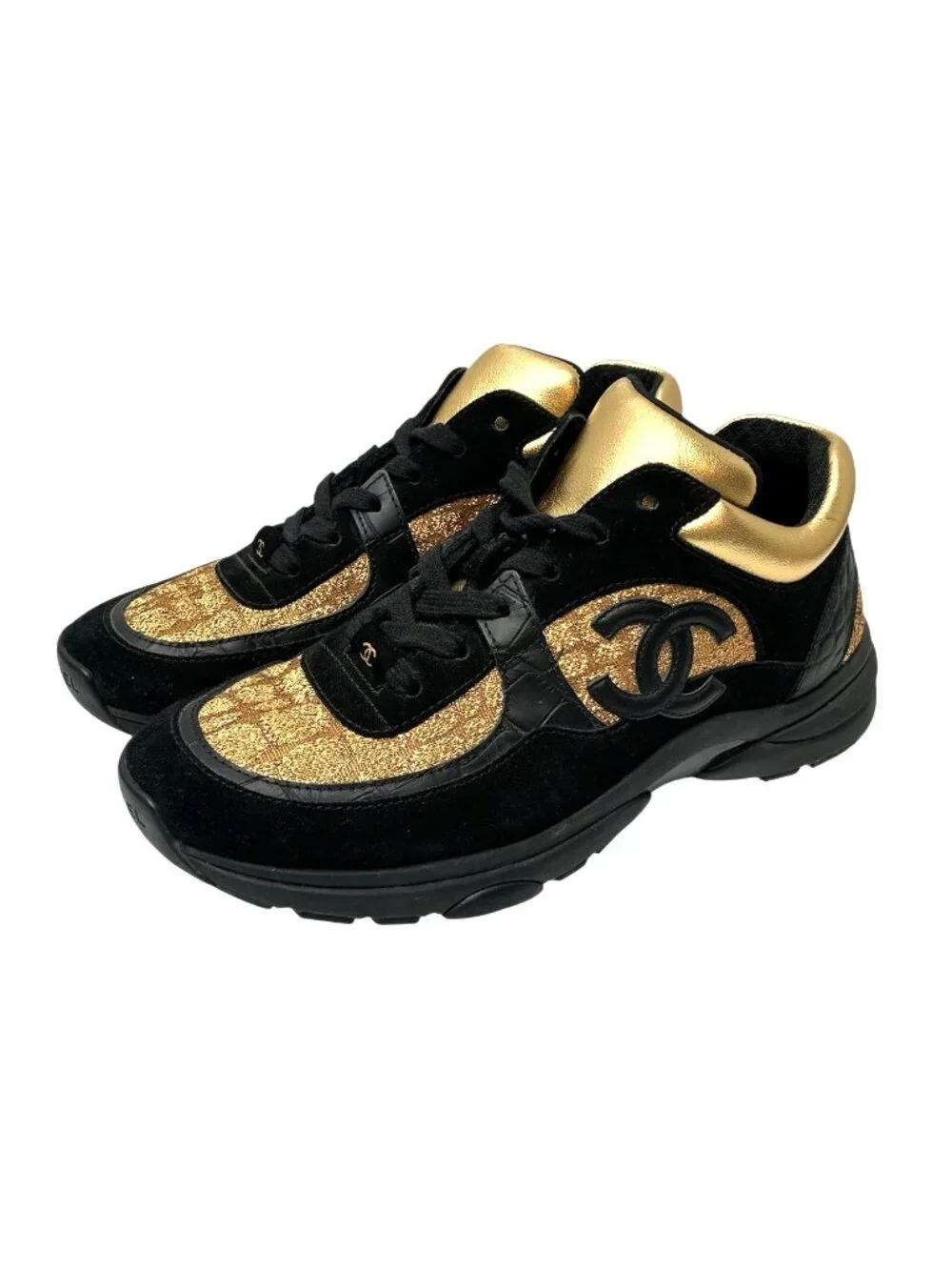 CHANEL Metallic Gold Fabric & Black Suede Leather Croc Embossed  CC Sneaker 8.5